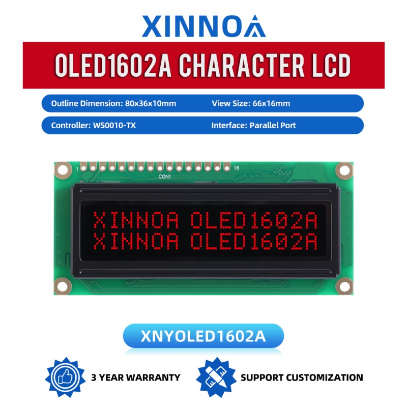 OLED1602A Black Film, 16×2 Character OLED LCD Display Module, WS0010-TX, Parallel Interface, 66x16mm View Size, Working Temperature -40+80 Display