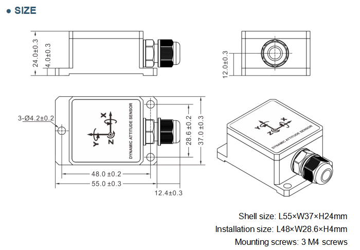 TL720D MEMS Gyroscope Sensor with Azimuth Angle (±180°), RS232/RS485 Output, and 10grms Anti-Vibration for AGV and Industrial Control