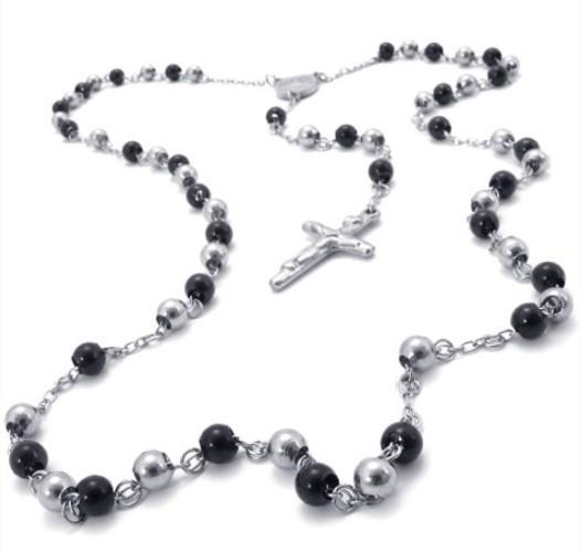 316L Stainless Steel Saint Praying Rosary Beads Ball Chain Necklaces With Jesus Cross