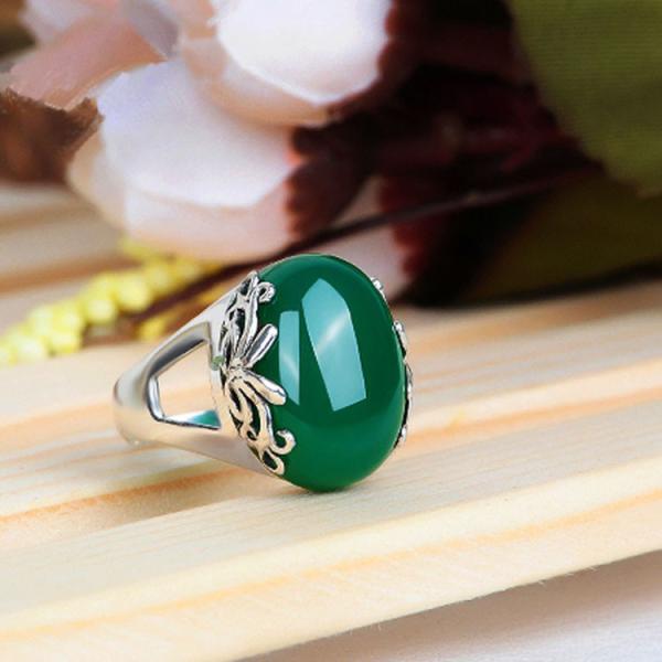 Sterling 925  Silver Oval Green Agate  Ring Thai Vintage Jewelry Size (R111703)