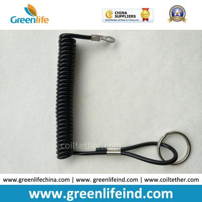 Solid Black Plastic Spring String Lanyard w/Key Ring& Metal Eyelet
