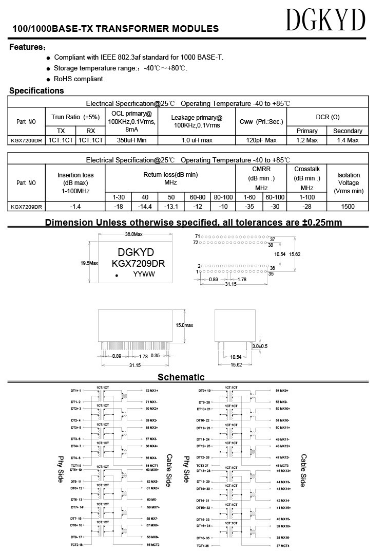 Локальные сети гигабита трансформатора локальных сетей KGX7209DR 1000BASE-TX фильтруют ПОГРУЖЕНИЕ 72PIN