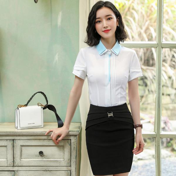 Short Sleeve Ladies Office Dresses / Summer Elegant Waist Tie Round Collar Women Business Dress