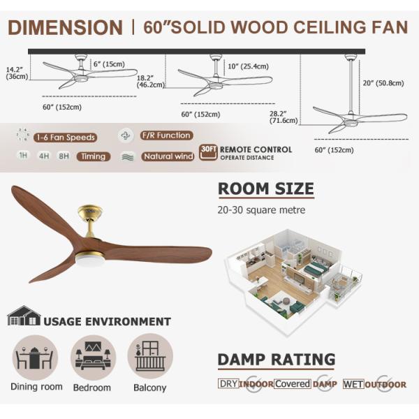 Ventilador de teto LED interior de 10 lâminas de madeira com iluminação personalizada ODM e controle remoto