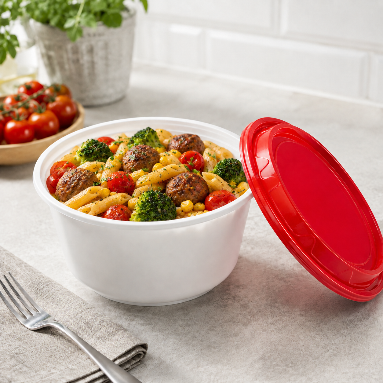 1200ml Wide White PP Disposable Soup Bowls Red Secure Lids for Meal Prep