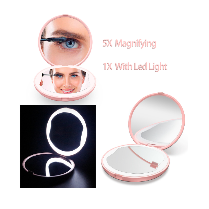Led Lights Compact Portable Mini Handheld Pocket Illuminated Cosmetic Mirror for Beauty Travel Camping