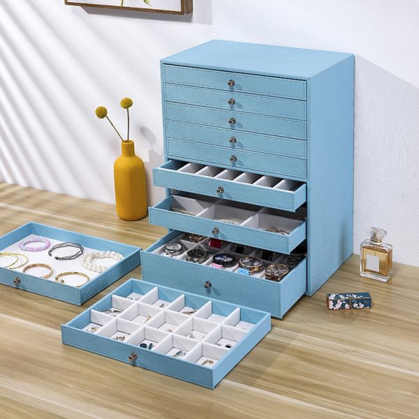 Custom PU Leather Jewelry Organizer Large 10 Layer Jewellery Storage Tray With Drawer