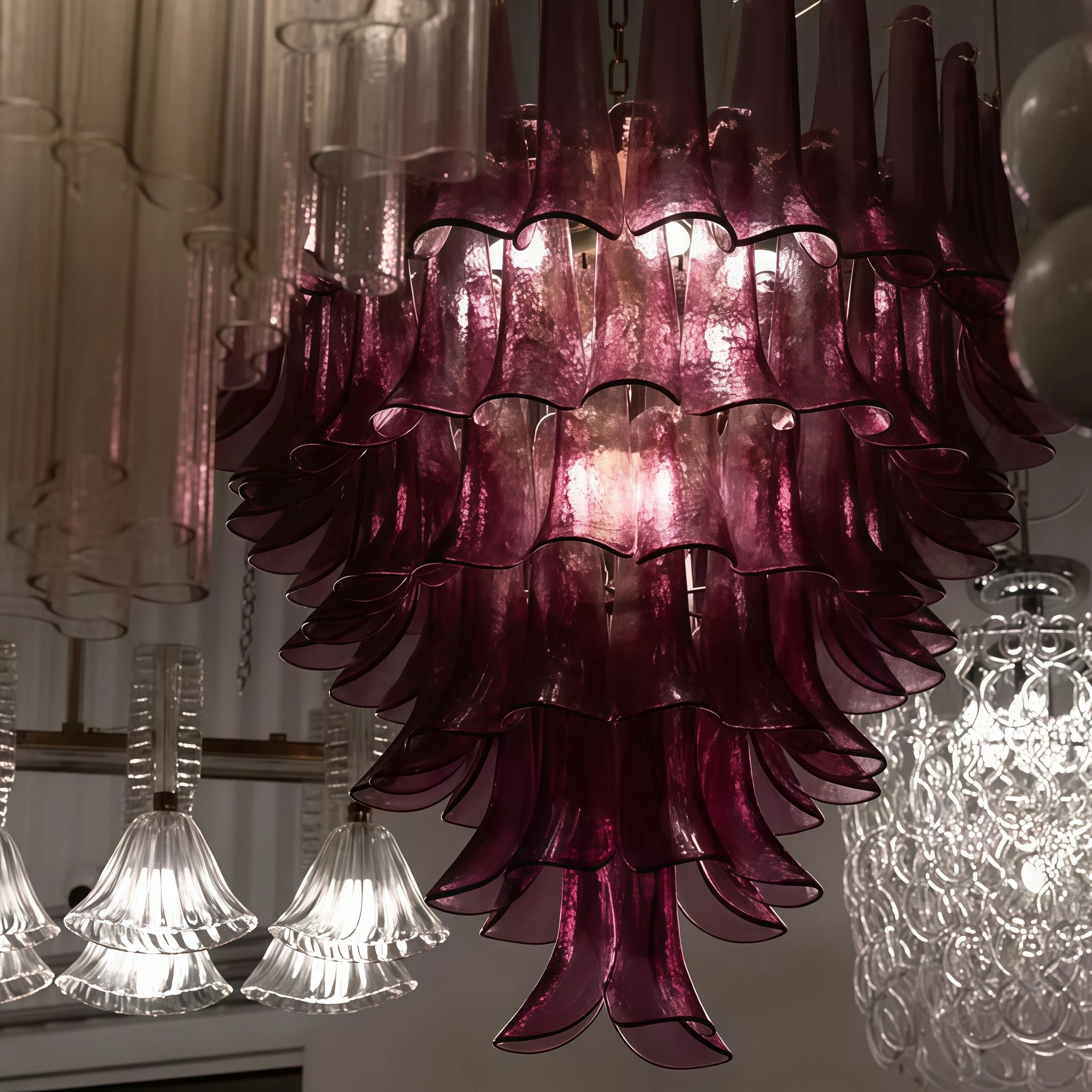 JYLIGHTING Luxury Cascading Pink Glass Pendant Chandelier, Stainless‑Steel Framed Decorative Hanging Light for Reception Room and Upscale Residential Projects