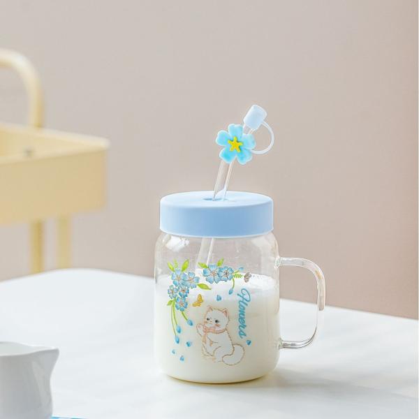 Relief Transparent Cat High-temperature Glass Cup Cute Large-capacity Covered Straw Student Girls' Milk Breakfast Cup Office