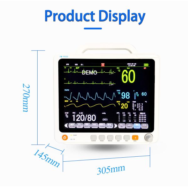 Moniteur patient multiparamétrique 12,1 pouces avec écran LCD TFT couleur haute résolution, analyse des arythmies et calcul ST