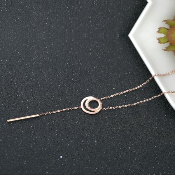 Steel Double Round Cylinder Pendant Long Necklace, Rose Gold Pated Necklace