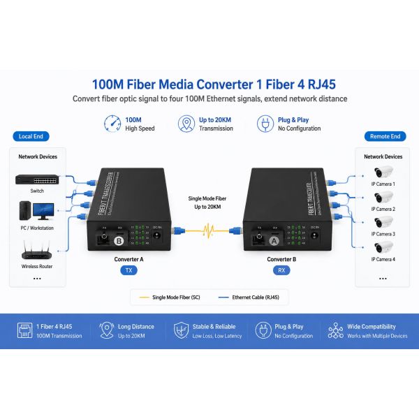 Fiber 100Mbps Media Converter 1 SC Fiber 4 RJ45 Port 20KM Single Mode