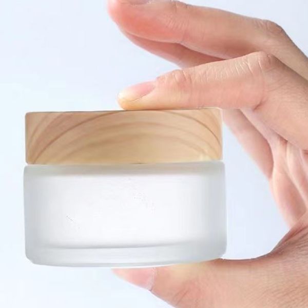 5g 10g 15g 30g 50g Empty Frosted Glass Cream Jars Refillable Cosmetic Natural Wood Leak-proof Travel Storage Containers for Eye Cream Face Mask Skincare