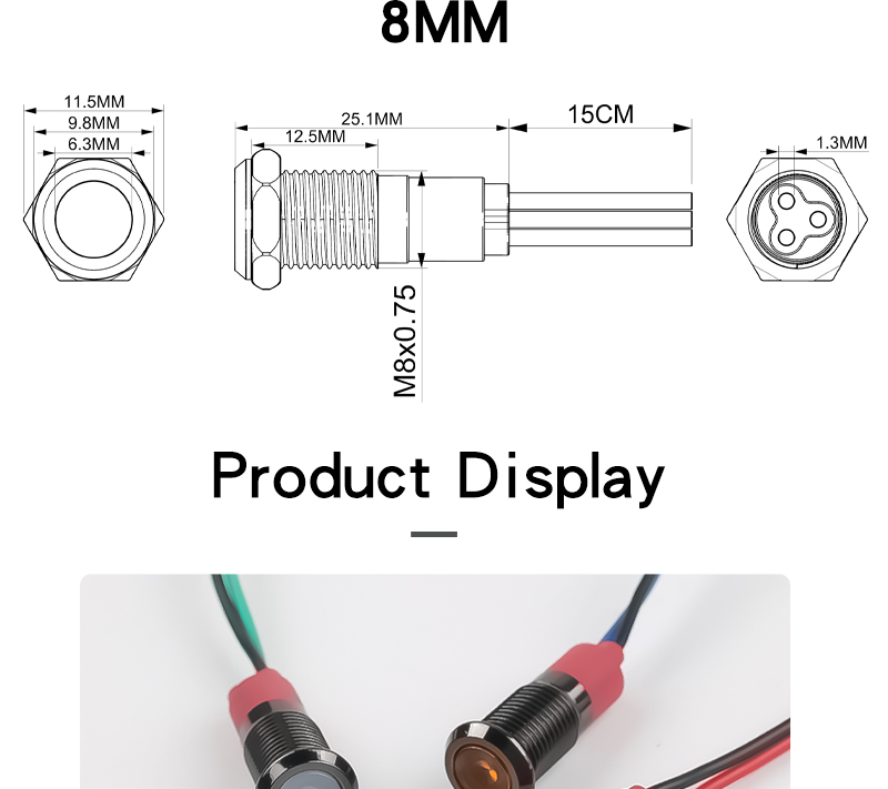 8MM Metal Indicator Light, LED Strip Light With Waterproof Function Oxidized Black Shell, Red Green Yellow Blue White 6V12V24V
