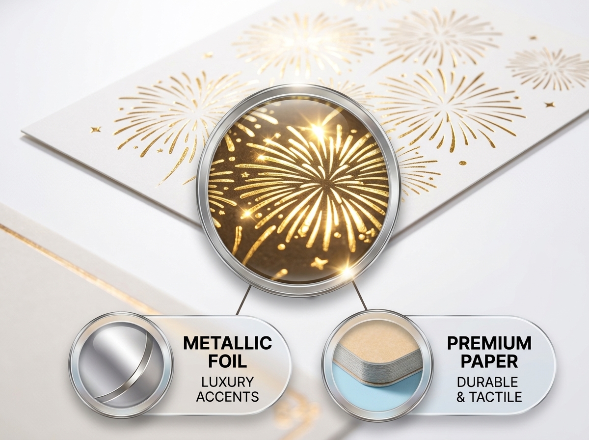 New Year Greeting Cards Fireworks Gold Foil Design Custom Printed Celebration Cards