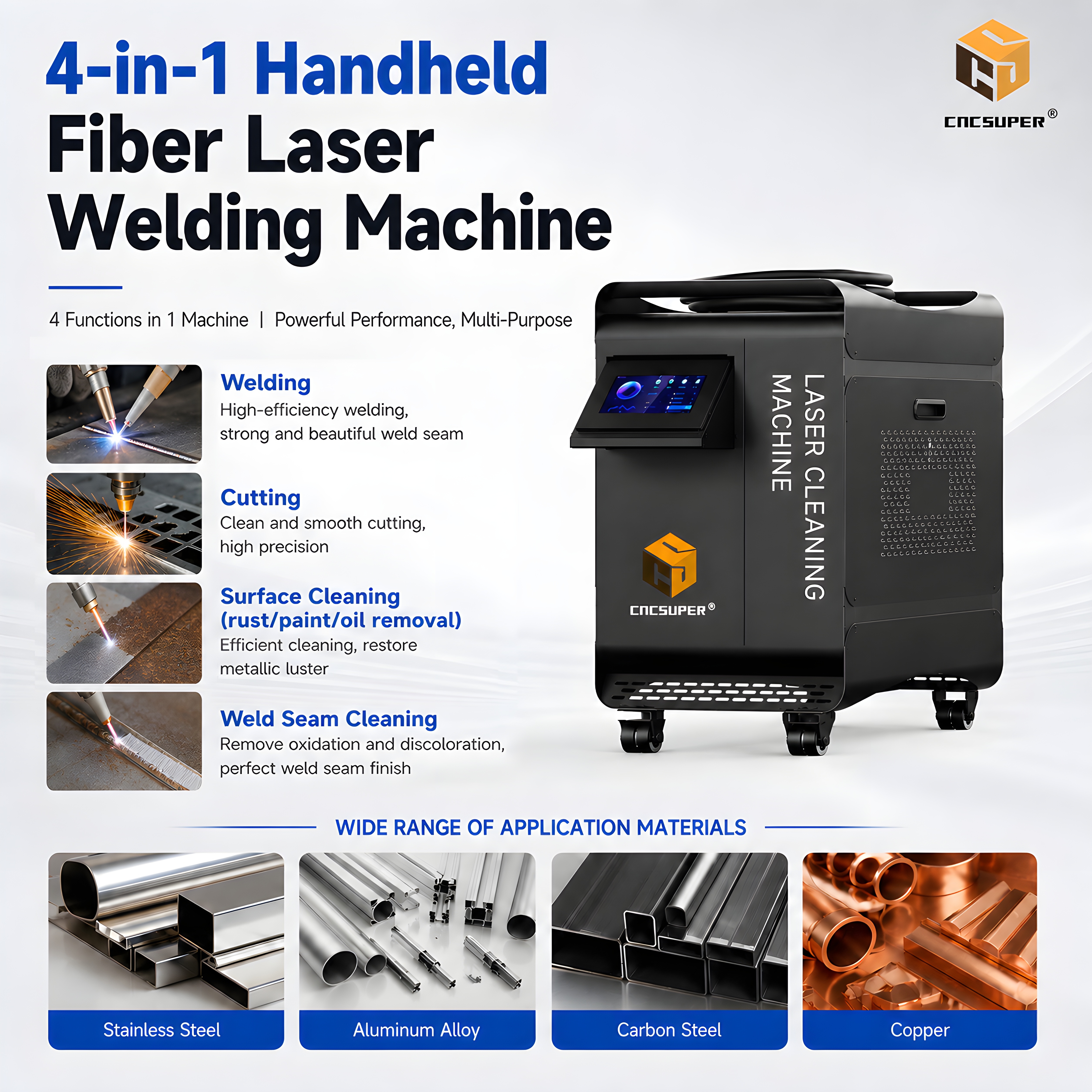 Industrial 4‑in‑1 Handheld Fiber Laser Machine Weld Cut Rust Paint Seam Clean