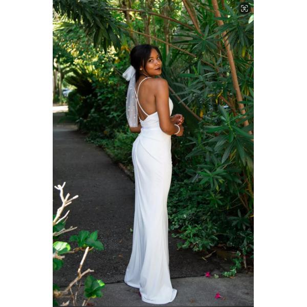 Sleek Sheath Figure-flattering Draping Ruching Spaghetti Straps V-neckline  Slit Side Zipper White Chiffon Wedding Dress