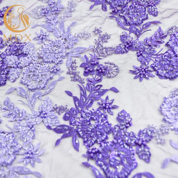OEM Handwork Purple Beaded French Lace Fabric Embroidered
