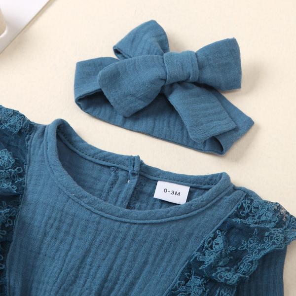Wholesale baby summer Lace Ruffled muslin Buttons baby bodysuit with headwrap set