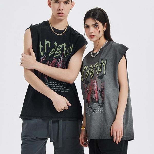 Customized Men's Acid Wash Vintage Tank Tops with Oversized Design and DTG Print Logo