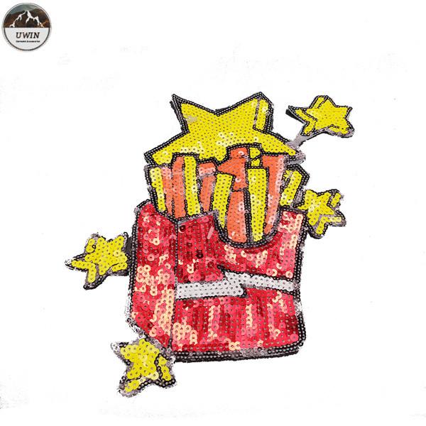French Fries Sequin Iron On Appliques , Sequin Patches For Jeans Any Shape Available