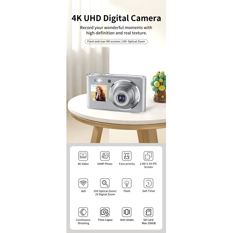 Brand New CMOS Dual Screen Mirrorless Camera 7.1x-16x Optical Zoom 4K Video Face Detection Image Stabilization Compact Design