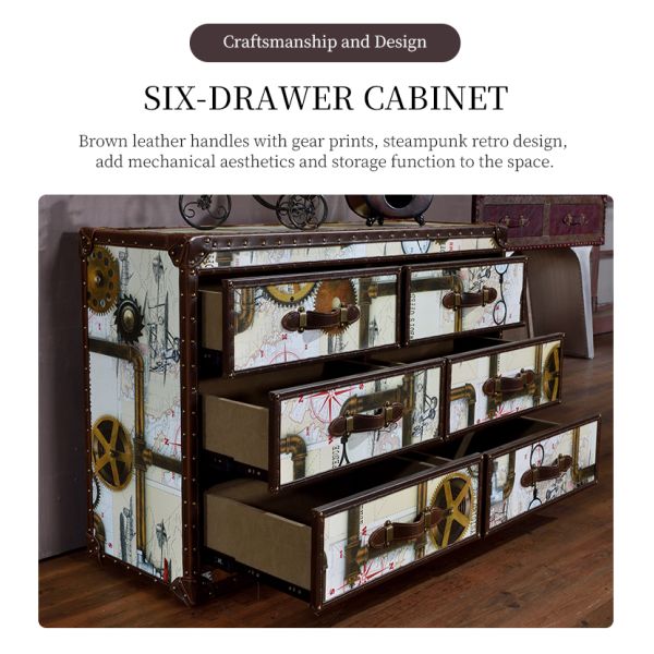 Nidea #8517 Vintage Antique Rustic Luxury Classic Chest Cabinet with Hand-Painted Design Patterns, 6-Drawer Living Room Cabinet