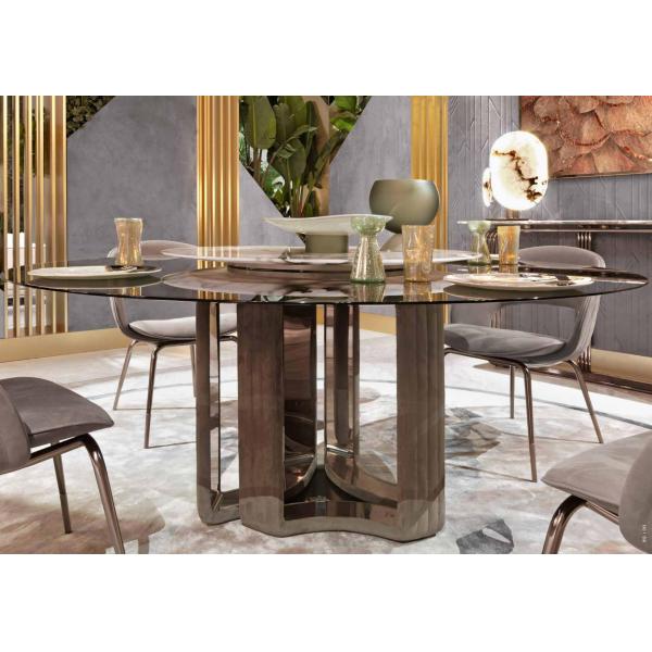Turntable Luxury Modern Dining Table Stainless Steel Glass Surface