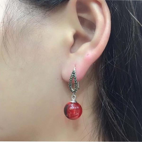 Thai Sterling Silver Marcasite Retro Earrings Synthetic Garnet Bead Drop Earring(053142)