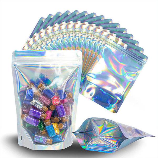 Clear Front Foil Back Iridescent Food Zip Lock Bags Resealable Holographic Stand Up Pouches Smell Proof Mylar Bags