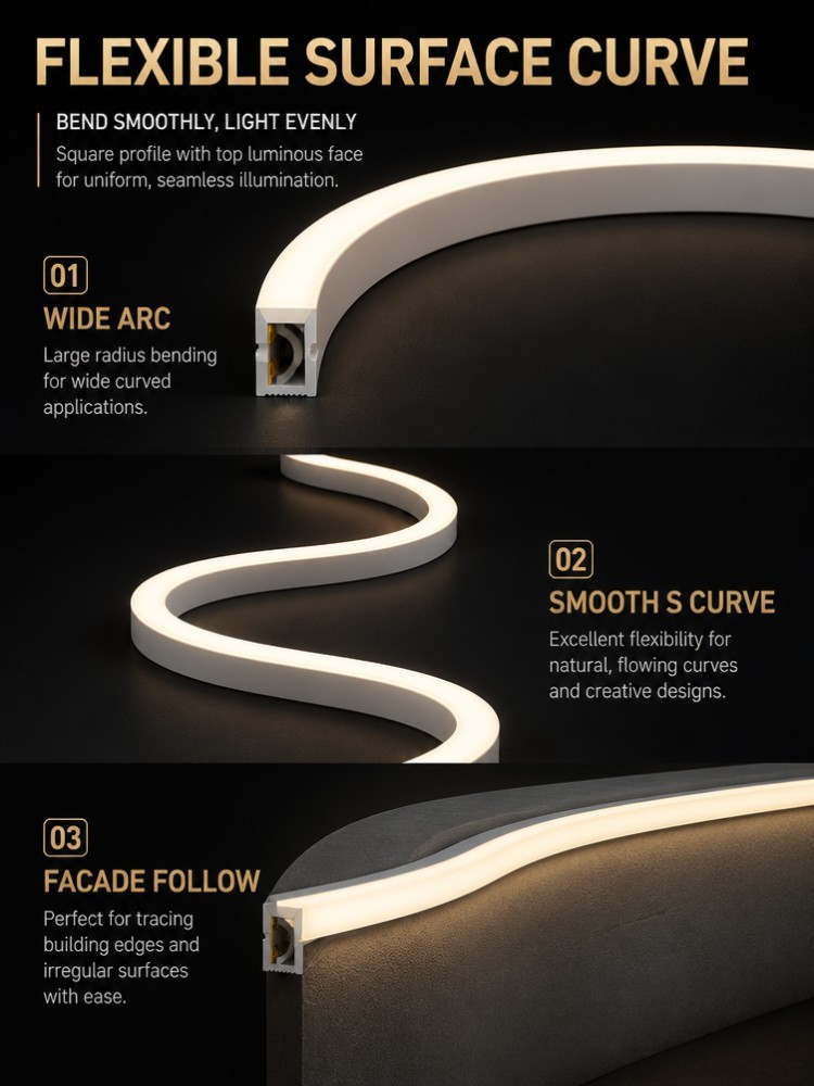 12x12mm Side Emitting Flexible Silicone LED Strip 120LED/M 9.5W For Facade Lighting
