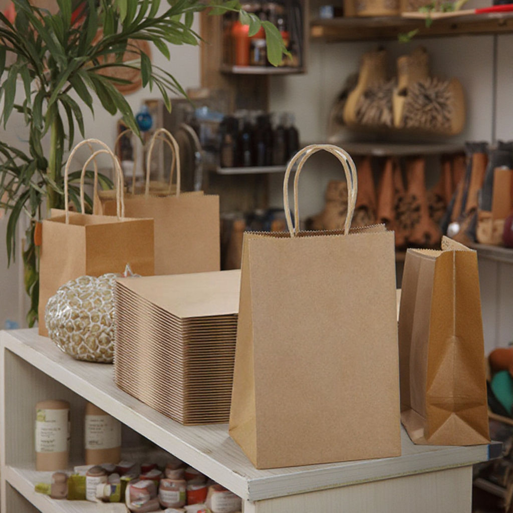 Bolsa de papel kraft portátil, tote duradera para ropa, zapatos, calcetines, embalaje, regalo popular, artesanía con estampado en caliente y offset