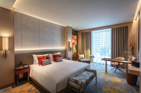 Modern laminate furniture for hotel room interior fitting with Desk and cabinets used Upholstered hotel bed