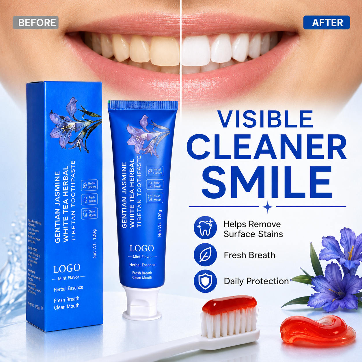Custom Adult Teeth Whitening Toothpaste Herbal Jasmine White Tea Flavor Fresh Breath Protects Gums & Tooth Enamel Fluoride Free