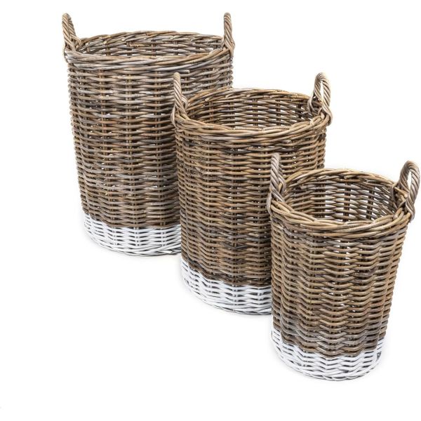 Rattan Kobo Round Storage Basket, Handwoven Rattan Basket With Handles, Organization & Home Decor For Storage, Gray-Brown