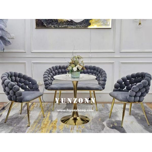 Wholesale Modern Style Gold Metal Legs Hotel Armchair Upholstered Beige Velvet Fabric Pompom Dining Chair