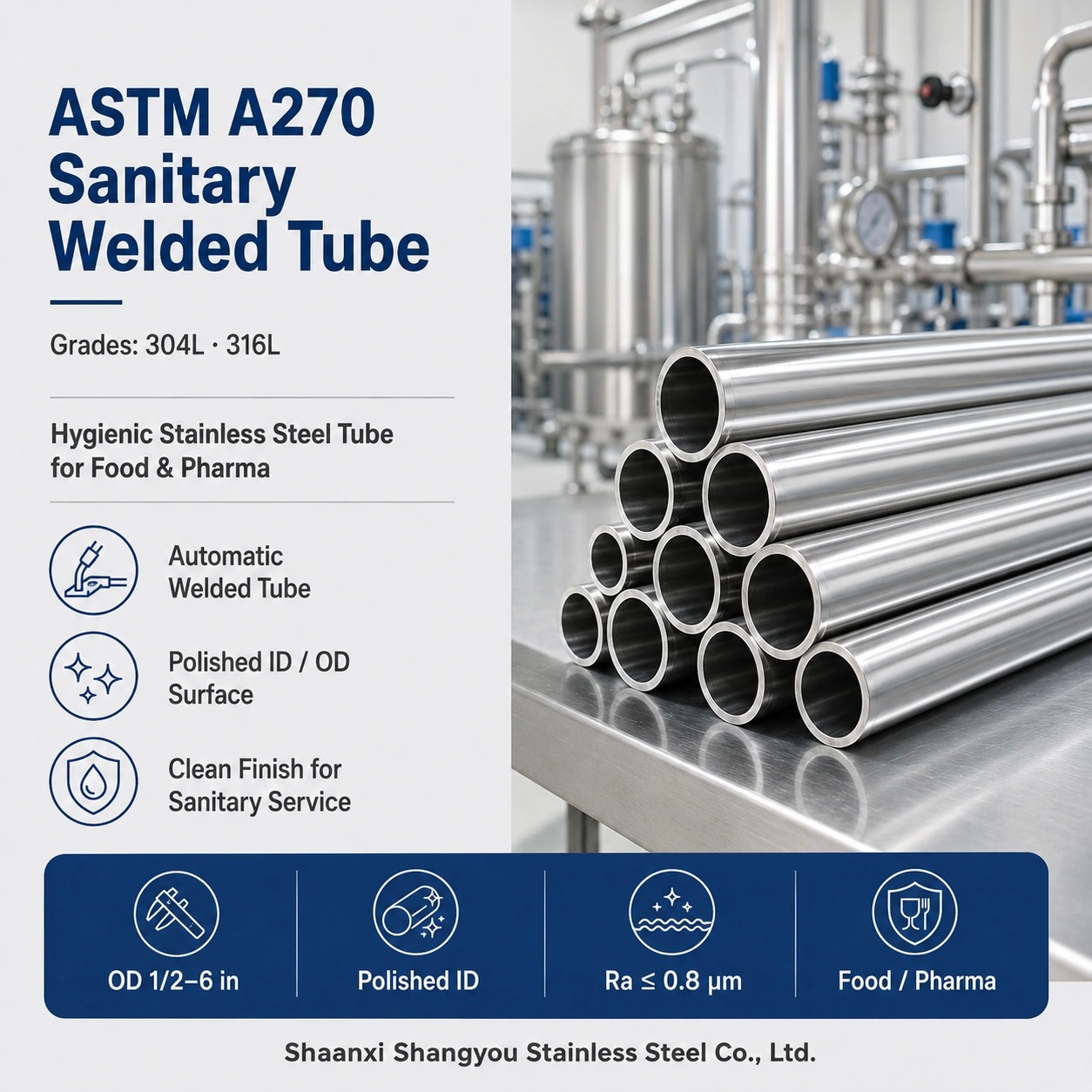 ASTM A270 Sanitary Welded Tube TP304L/TP316L Special Surface Finishes for Dairy and Food Industry