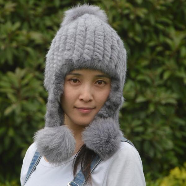 Natural Mink Fur Knit Earflap Winter Sheepskin Hats Hat Pom Pom Striped Style