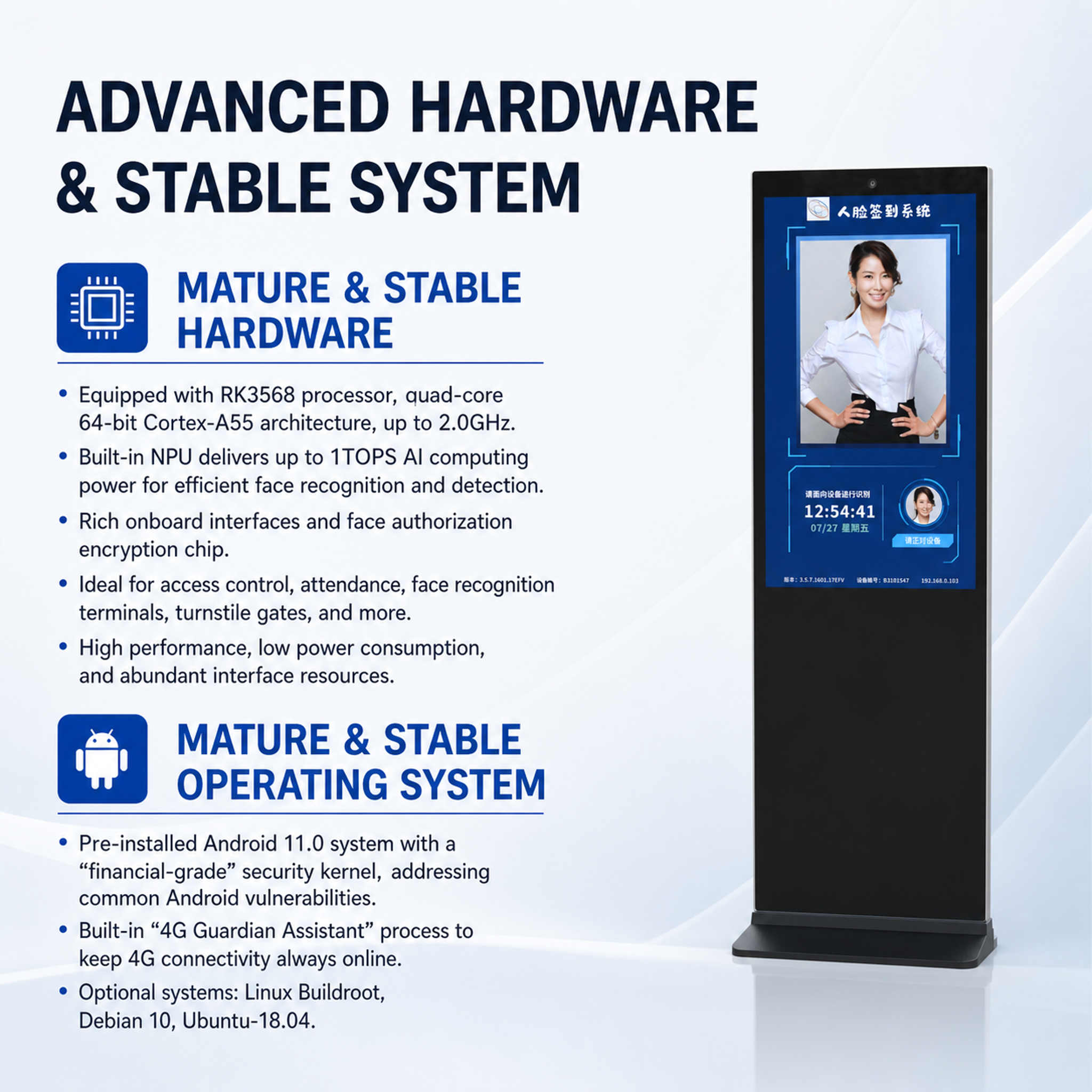 43 inch Floor Standing Face Recognition Attendance Kiosk with Touch Screen