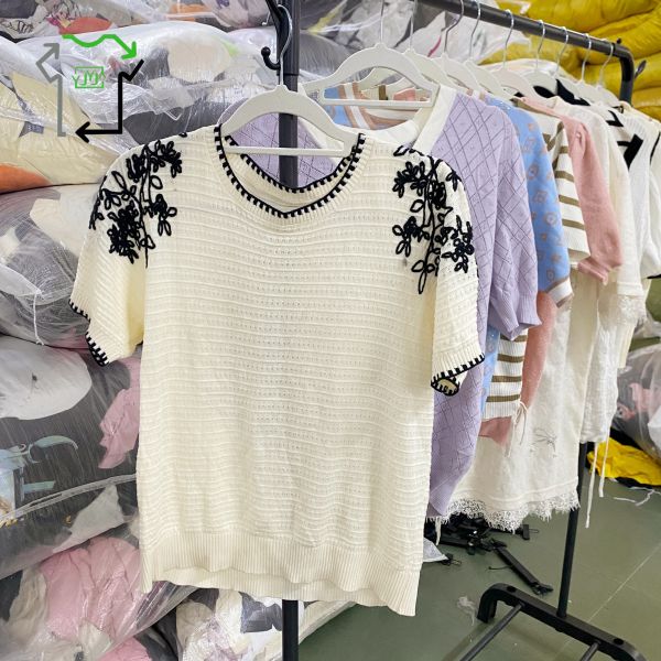 Polyester Cotton Used Summer Clothing Women Knitted Short Sleeved Shirt Formal Blouses