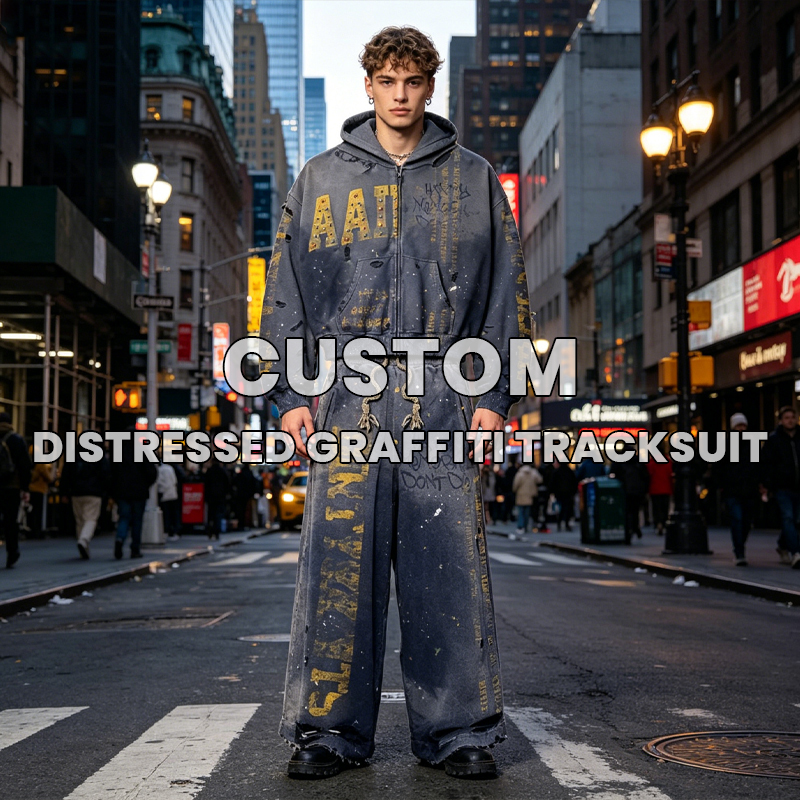 Mingarment Vintage Distressed Tracksuit | Men's Acid Wash Splatter Print Rivet Zip Up Hoodie & Wide Leg Sweatpants 2 Piece Streetwear Set, OEM Custom Bulk Apparel
