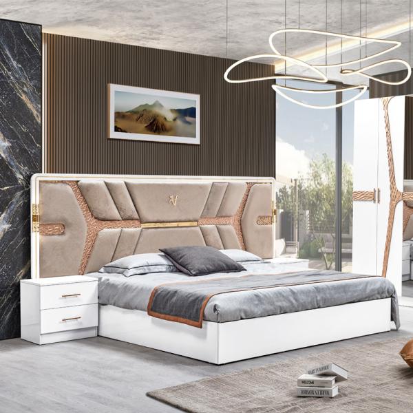 Turkish Luxury Style Wooden Frame King Size Bed Set Led Headboard Modern Classic Full Home Wood Bedroom Sets Furniture
