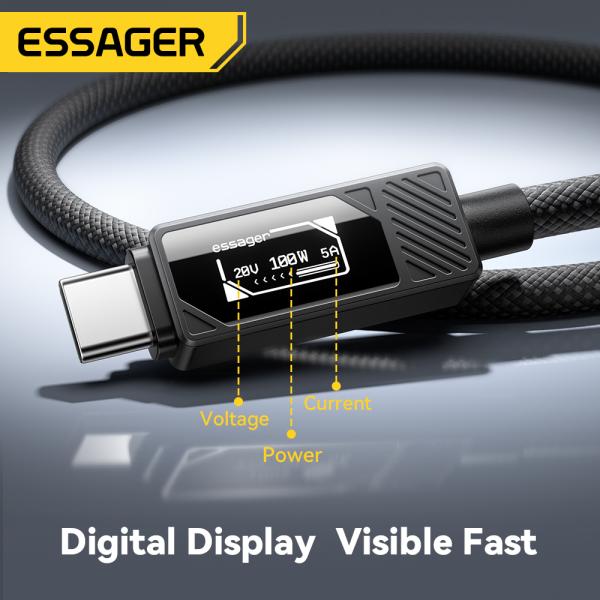 ESSAGER ES-X74 100W 5A USB C a USB C Cable de datos con pantalla LED
