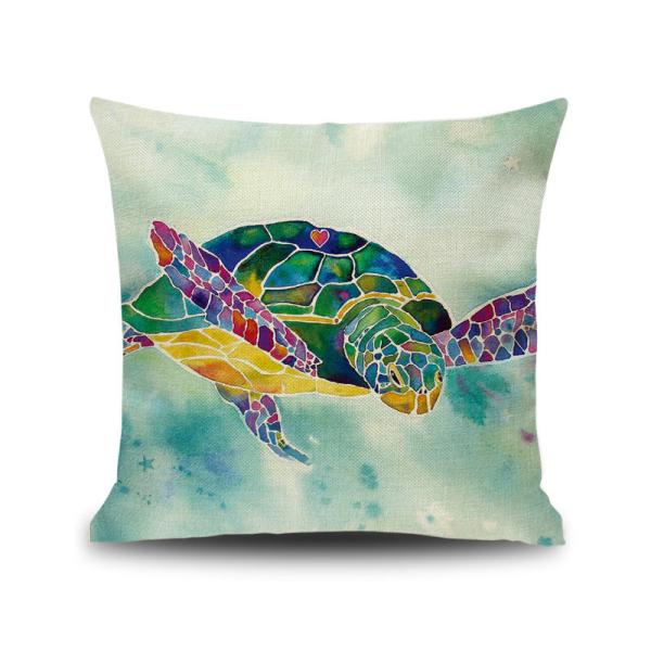Sea Life Decorative Throw Pillow Covers 18x 18 , Faux Linen Coastal Turtle Cushion Cases for Bed and Couch