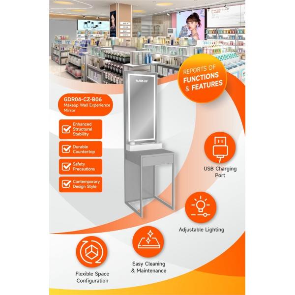 GDR04-CZ-B06 Espejo de experiencia de maquillaje en la pared con luz blanca y techo de vidrio gris para boutiques de marcas de cosméticos