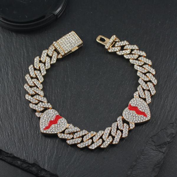 Men Women Hip Hop Jewelry 12mm Red Heart Link Cuban Chain Necklace Bracelet Wholesale