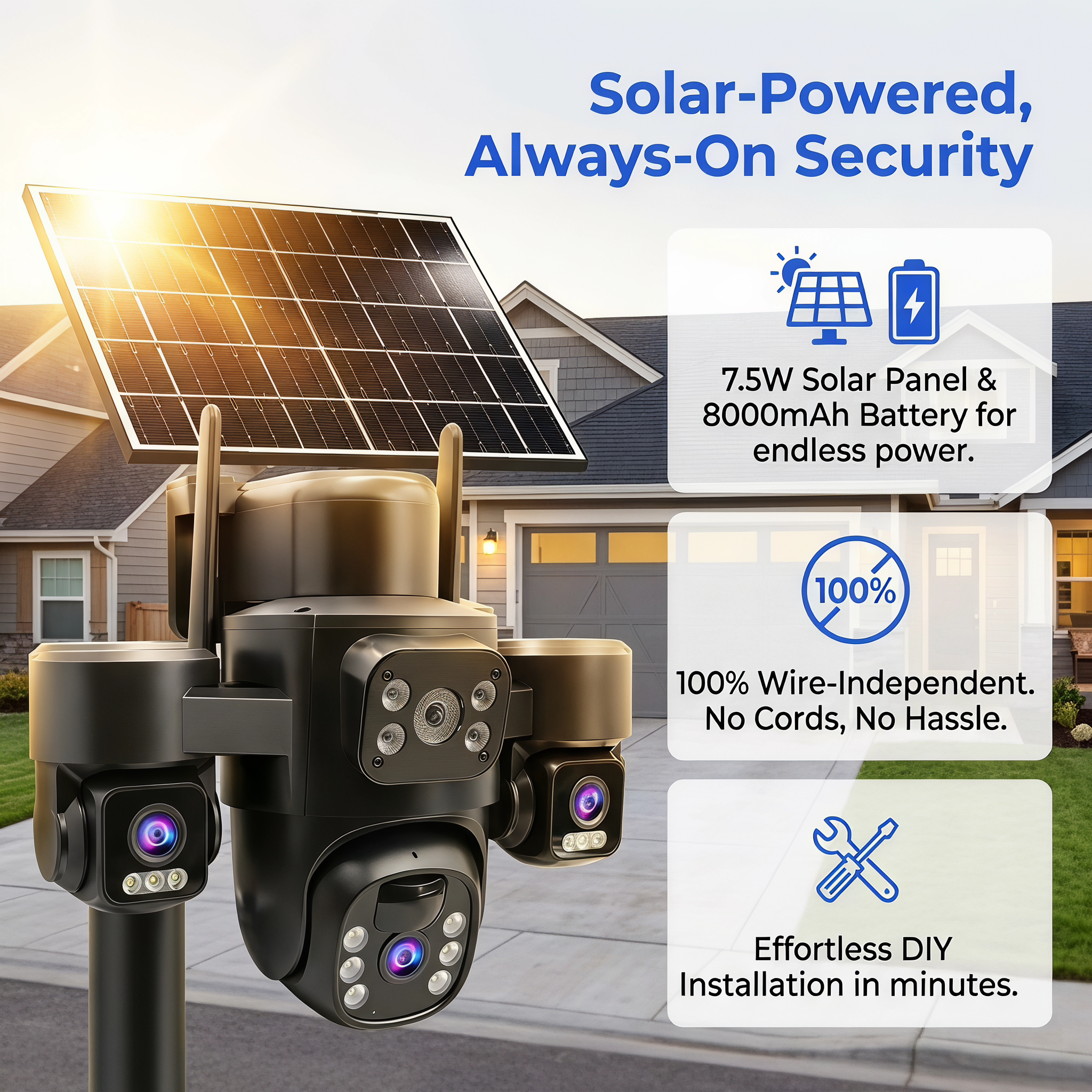 7.5W Solar Dome Camera, Built-in 8000mAh Battery, Full Wireless WiFi, Two-Way Audio, H.265 Encoding, High Performance CMOS Sensor for Outdoor Security