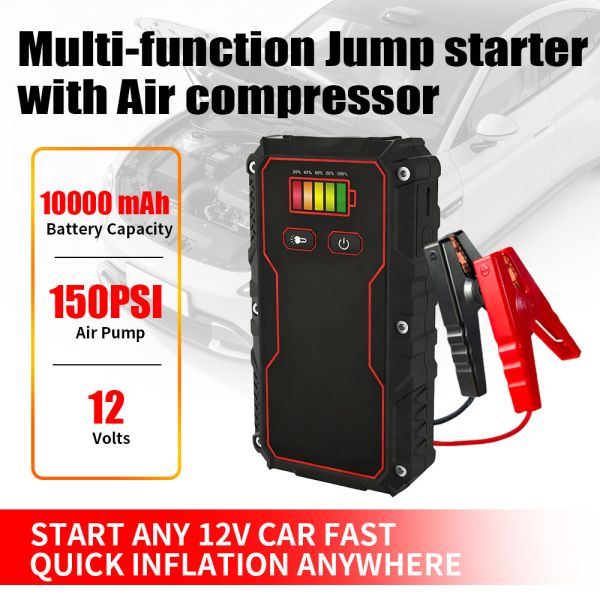 8000mAh 10000mAh 3 In One Jump Starter With Tire Inflator Power Bank 12V Emergency Battery Jumper Pack