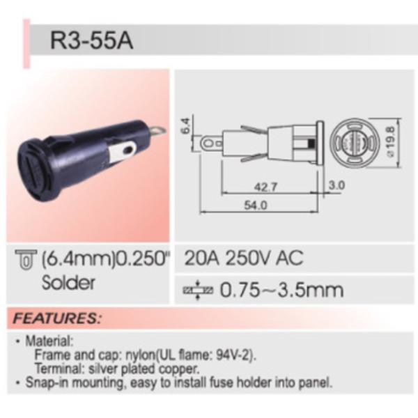 Патрон предохранителя R3-55A 6.35x30mm 6.35x31.8mm 20A 250V установленный панелью загерметизированный