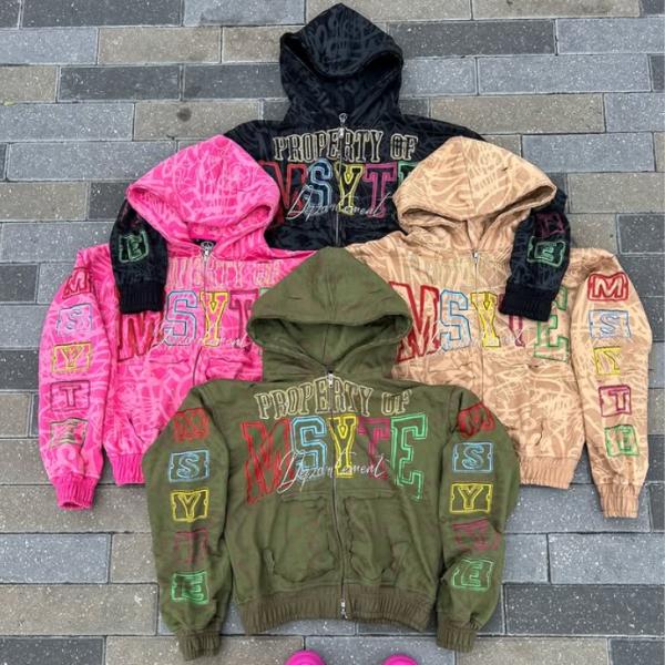 Custom Logo Heavyweight 100% Cotton All Over Print Zipper Hoodies Acid Washed Vintage Distressed Boxy Zip Up Hoodies for Men